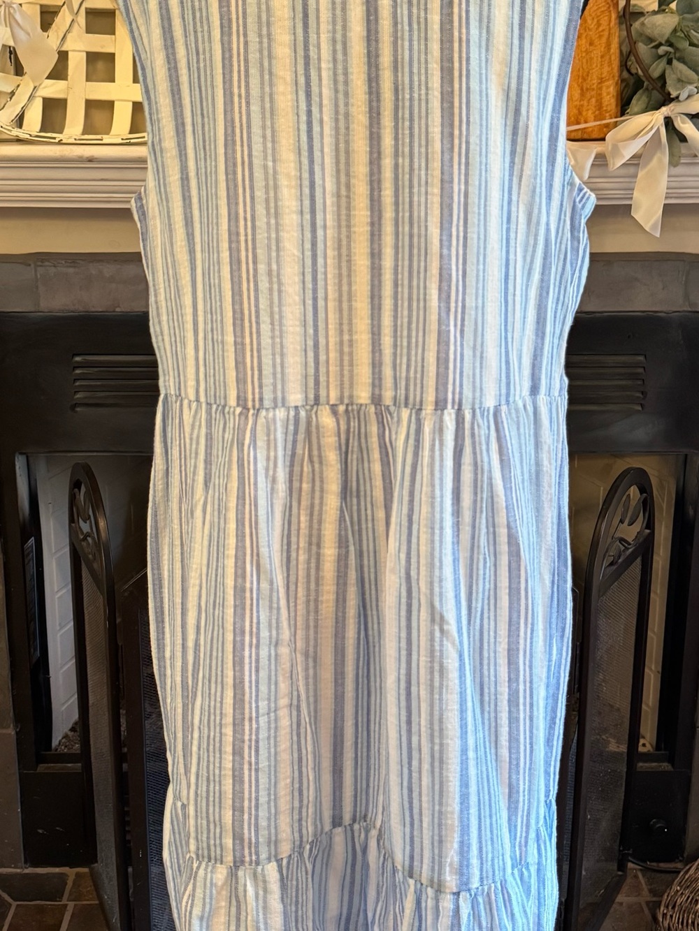 Ronni Nicole Sleeveless Linen Blend Babydoll Dress Blue White Stripes Ruffle LRG - Picture 7 of 11